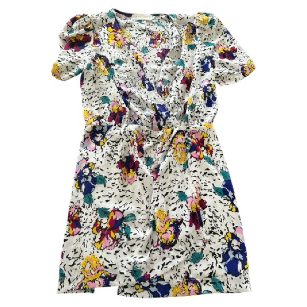 Nectar clothing black white floral print mini faux wrap dress puff sleeves